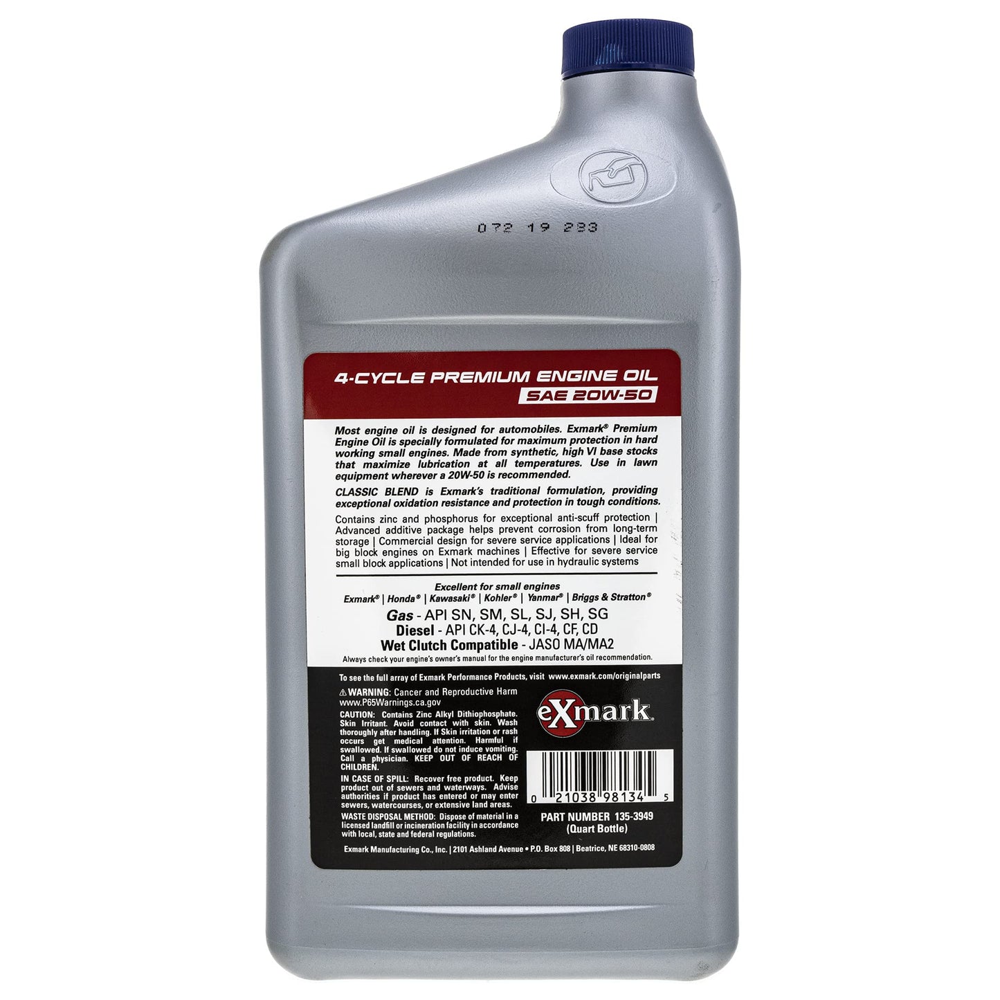 Genuine OEM Exmark Part # 135-3949 20W-50 Synthetic Oil Quart