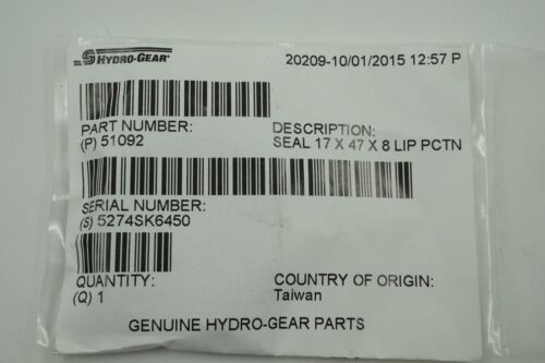 NEW GENUINE OEM HYDRO GEAR PART # 51092 LIP SEAL; BDP-21L HYDRO PUMP FRONT SEAL