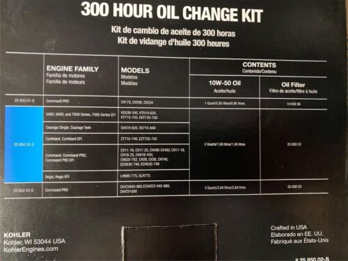 KOHLER PART # 25 850 02-S 300 HOUR OIL CHANGE KIT; 2 QUARTS OF OIL AND FILTER