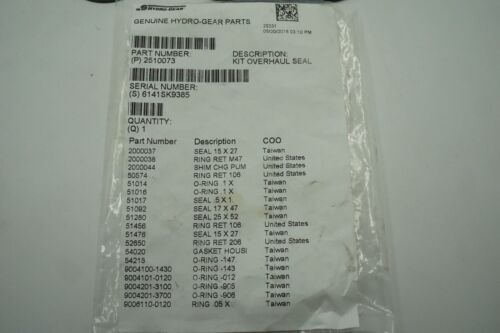 NEW GENUINE OEM HYDRO GEAR PART # 2510073 SEAL KIT; BDP-21L OVERHAUL SEAL KIT